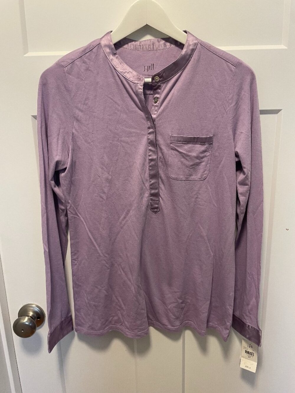 J.Jill Silk Trimmed Henley Shirt Purple Lavender Long Sleeve Pocket Top XS NWT